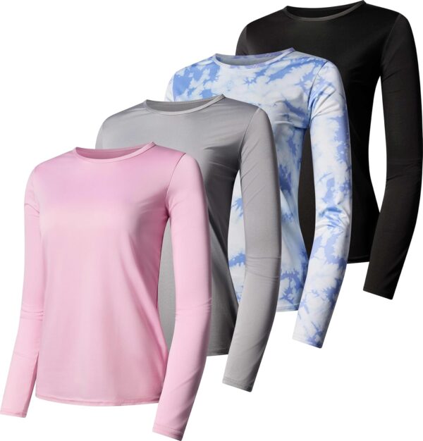 Real Essentials 4 Pack: Women's Dry-Fit Tech Stretch Long-Sleeve Athletic Workout T-Shirt (Available in Plus Size)