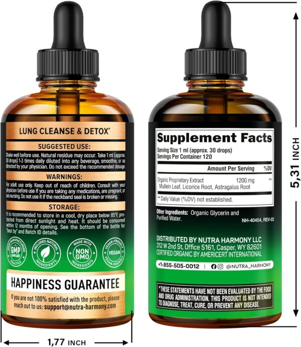 Mullein Drops for Lungs - USDA Organic Liquid - Mullein Leaf Extract Supplement - Made in USA - Lung & Bronchial Cleanse for Smokers - Respiratory Health Support - As Tincture, Tea, Pills - 4 fl oz