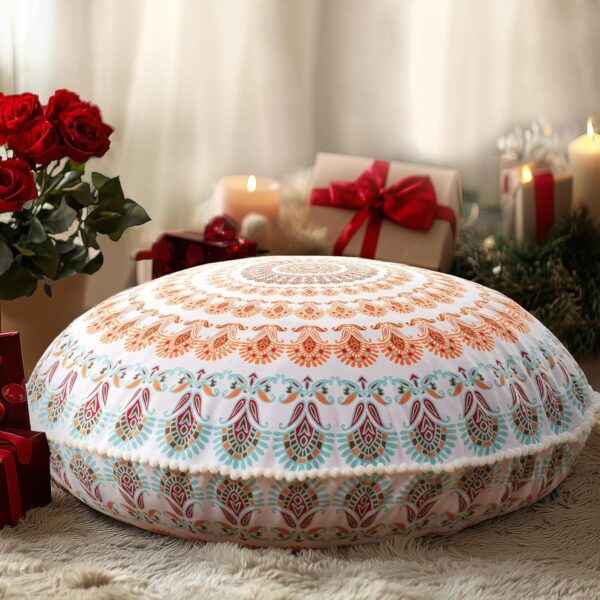 Codi Meditation Floor Pillow, Round Large Pillows Seating for Adults, Bohemian Mandala Circle Cushion for Outdoor Fireplace Yoga Living Room, 32 Inch, Memory Foam Added, Coral