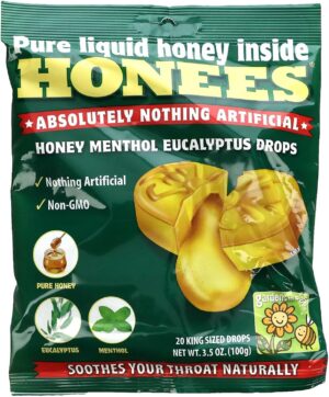 Honees Filled Menthol Cough Drops, Honey, Menthol & Eucalyptus Cough Drops- Natural Sore Throat Relief - Nothing Artificial -Throat Lozenges, Non-GMO, Gluten Free (1 Pack –20 Drops)