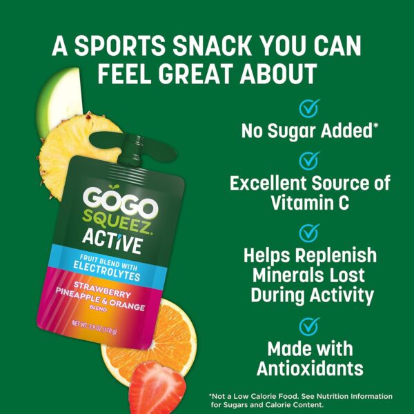 GoGo squeeZ Active Fruit Blend with Electrolytes | 18-Count Variety Pack | Blueberry Strawberry Lemon & Strawberry Pineapple Orange | Made with Real Fruit and Antioxidants Vitamin A, Vitamin E, & Vitamin C​