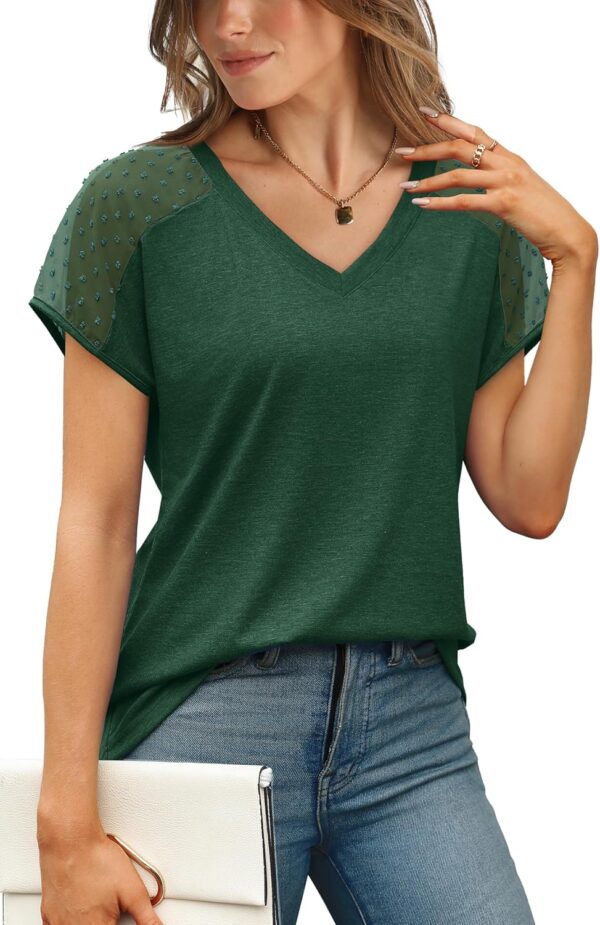 WIHOLL Summer Tops for Women V Neck T-Shirts Swiss Dot Short Sleeve Shirts Casual Fashion Blouses