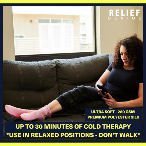 Relief Genius Cold Therapy Socks with Reusable Gel ice Packs - Achieve Relief from Sprains, Muscle Pain, Bruises, Swelling, Edema, Chemotherapy, Arthritis, Post Partum Foot (Pink, Small/Medium)