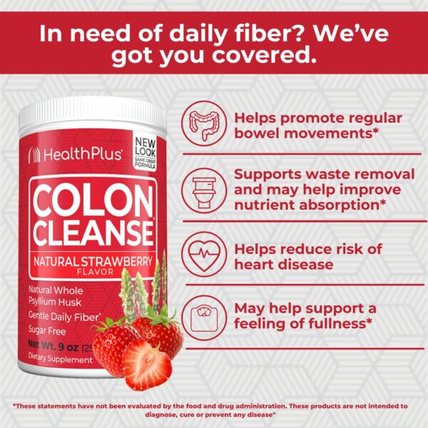 Health Plus Colon Cleanse Digestive Support | Natural Sweetener without Artificial Flavors | Daily Fiber for Toxin Elimination To Reduce Bloating | Strawberry Flavor | 9 Ounces, 36 Servings