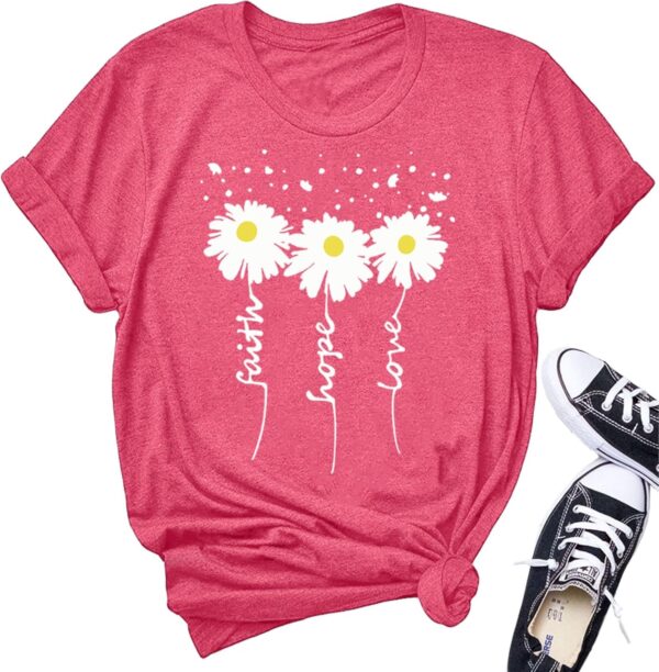 Womens Graphic T Shirts: Christian Shirts Daisy Print Short Sleeve Ladies T-Shirts Faith Hope Love Tee