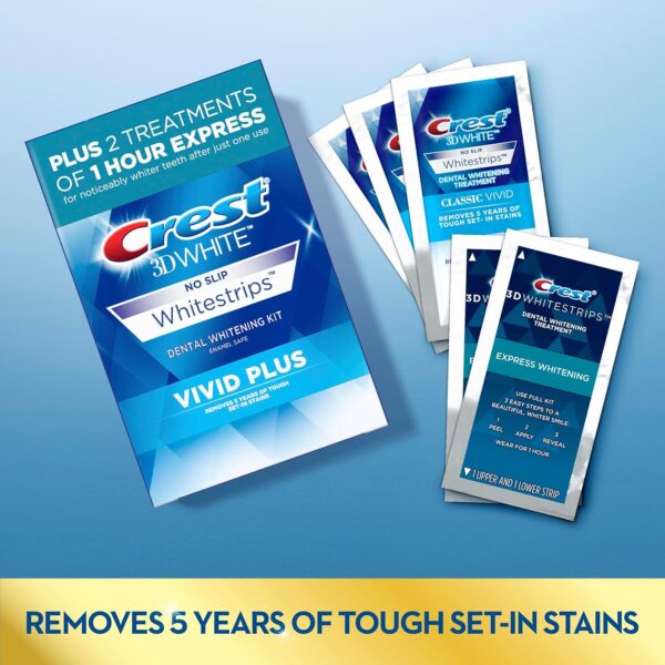 Crest 3DWhitestrips Vivid Plus Whitestrips 3D White, 10 Treatments + 1 Hour Express 2 Treatments Teeth Whitening Kit, 8 Levels Whiter, Crest Teeth Whitening Strips