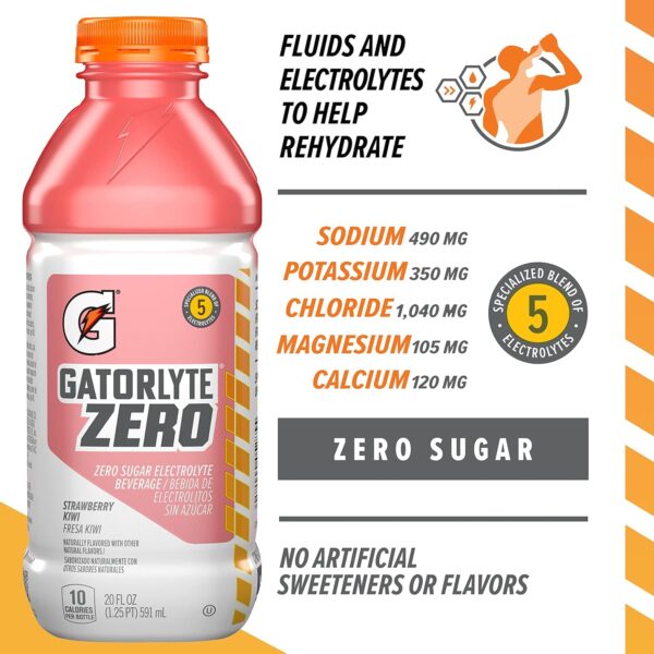 Gatorlyte Zero Electrolyte Beverage, Strawberry Kiwi, Zero Sugar Hydration, Specialized Blend of 5 Electrolytes, No Artificial Sweeteners or Flavors, 20 Oz Bottles (Pack of 12)