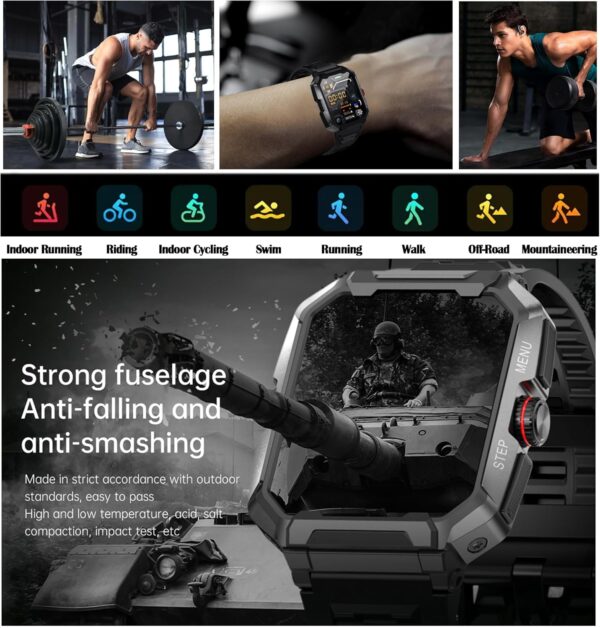 Rugged Smart Watch (Answer/Make Calls)Waterproof Smartwatches for Men Outdoor 1.85" Sports Fitness Tracker For Men with Heart Rate, Sleep Monitor with 100+ Sports Moeds for Android and iOS,47 Black