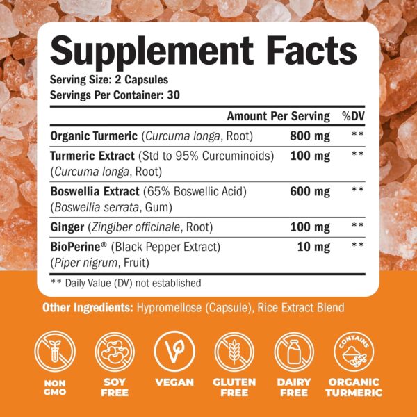 Turmeric Supplement with 65% Boswellia Extract Capsules - Turmeric Curcumin Supplement 95% Curcuminoids - Boswellia Serrata, Black Pepper, Organic Turmeric and Ginger Root Capsules - 60 Tumeric Caps
