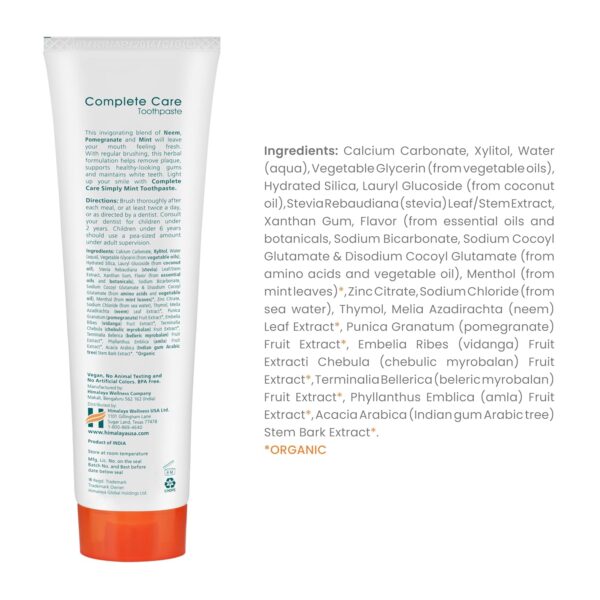 Himalaya Botanique Complete Care Toothpaste, Herbal, Mint Flavor, Fights Plaque, Freshens Breath, Fluoride Free, No Artificial Flavors, SLS Free, Cruelty Free, Foaming, 5.29 Oz, 4 Pack
