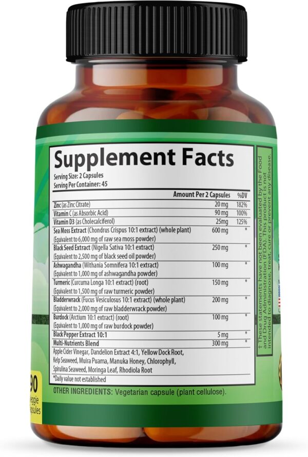 Sea Moss 6000mg - Black Seed Oil 2500mg - Bladderwrack 2000mg - Turmeric 1500mg Ashwagandha 1000mg - Burdock 1000mg - Vitamin C, D3, Yellow Dock Root, Manuka, Dandelion - 90 Veggie caps