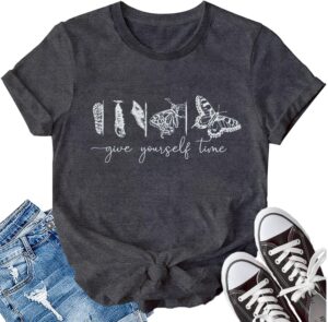 LBP Butterfly Inspirational Shirts Give Yourself Time Shirt for Women Butterfly Life Graphic Tees Motivational T-Shirt
