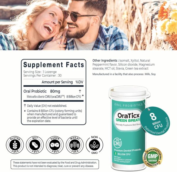 Green Breath Oral Care Probiotics, Naturally Support Freshens Bad Breath & Healthy Mouth, Dental Probiotic Supplement 8 Billion CFU, Mint Flavor 30 Lozenges 1-PK