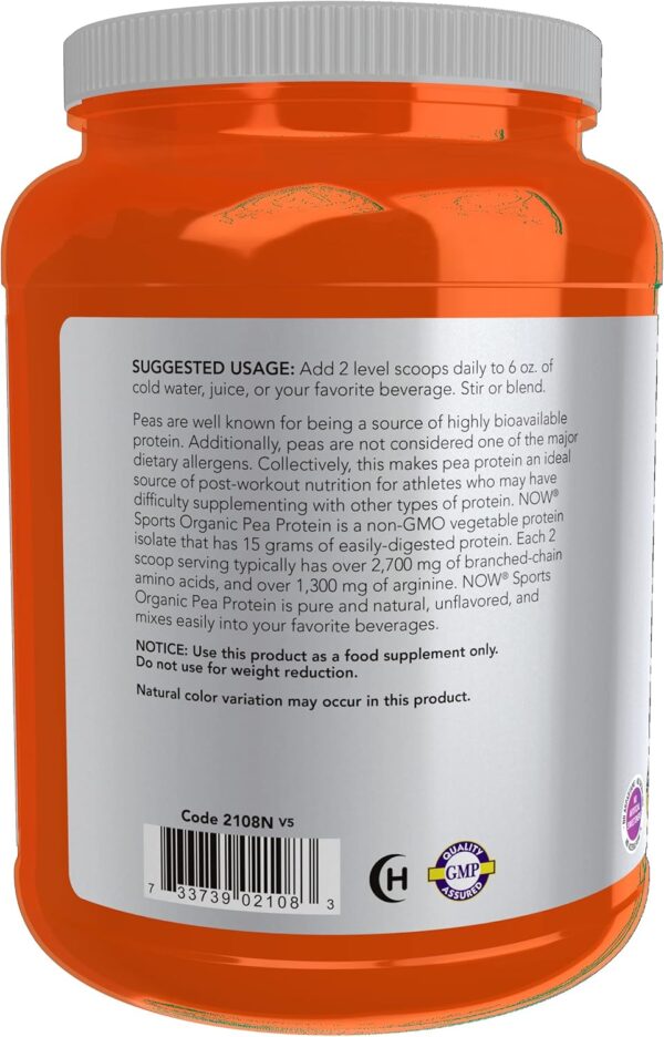 NOW Foods Sports Nutrition, Certified Organic Pea Protein 15 Grams, Unflavored Powder, 1.5-Pound