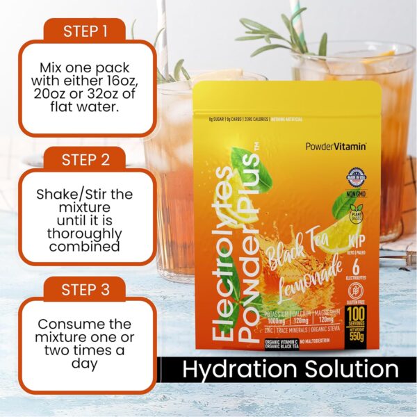 Electrolytes Powder Plus (100 Servings) Black Tea Lemonade Electrolyte Powder Zero Calorie Keto,0 Sugar, No Maltodextrin,1000mg Potassium,120mg Calcium,120mg Magnesium, Hydration Powder