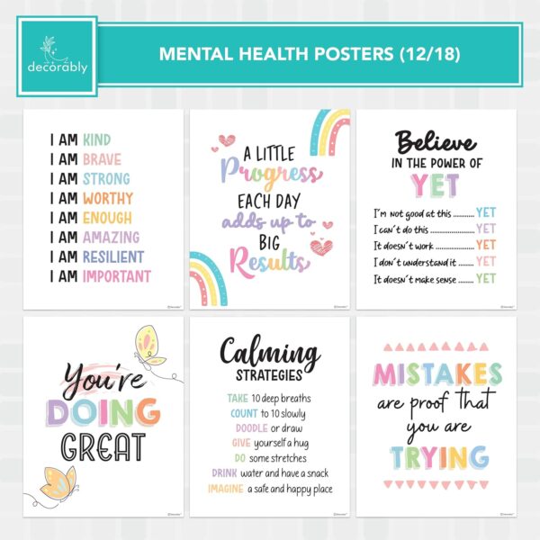 Decorably 18 Mental Health Posters for Classroom, 8x10in Matte-Laminated Inspirational School Psychologist Office Decor