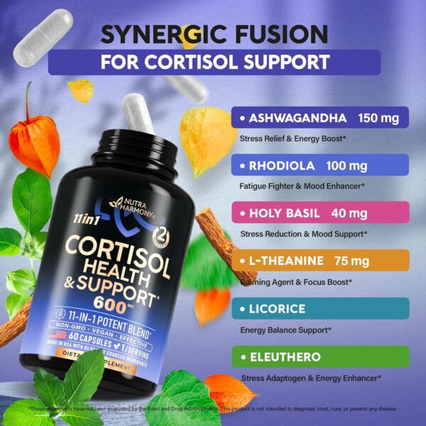 Cortisol Supplement for Women - Natural Based Hormone Balance - Ashwagandha | Rhodiola | Holy Basil | L-Theanine - Mood, Focus & Sleep Support - Made in USA - Vegan, Non-GMO - 60 Capsules for 2 Month