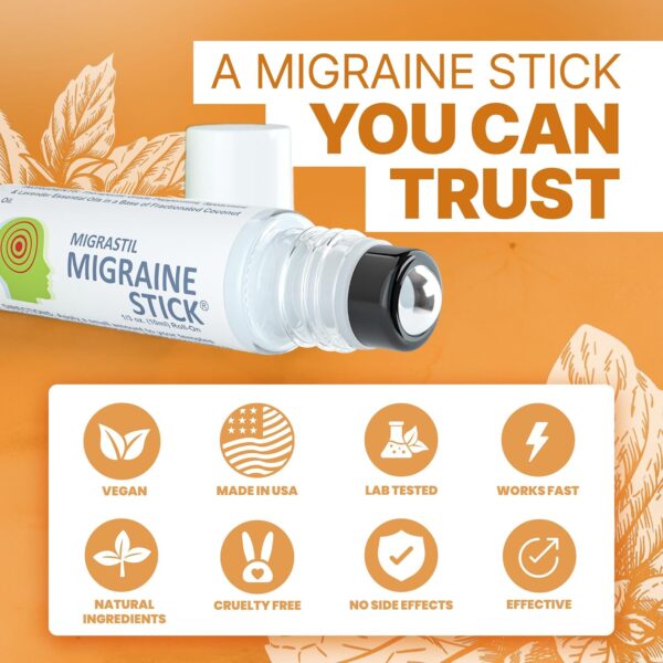 Migrastil Migraine Stick Rollon - Fast Cooling Comfort for Your Head. Aromatherapy with Peppermint & Other Essential Oils. Metal Roller. Made in USA by Basic Vigor