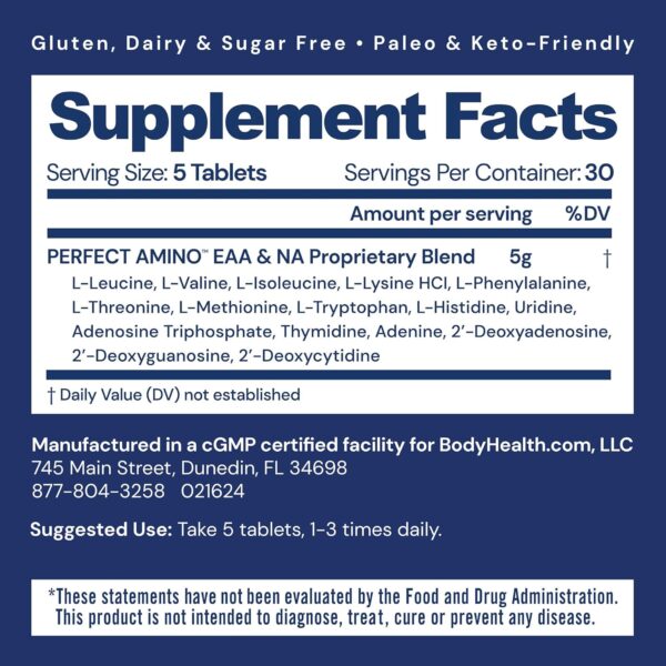 BodyHealth PerfectAmino Tablets (150 ct), Essential Amino Acid with BCAAs + Lysine, Phenylalanine, Threonine, Methionine, Tryptophan, Supplement for Muscle Mass Production, Recovery & Strength