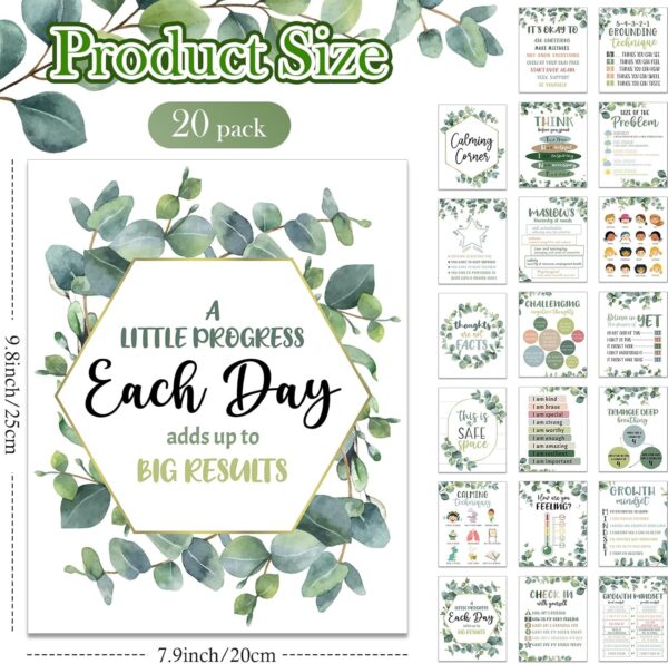 Harloon 20 Pcs Calming Corner Classroom Posters Mental Health Posters Therapy Office Feelings Chart Home Preschool Classroom Decorations for Teachers Elementary Educational Posters for Kids(Greenery)