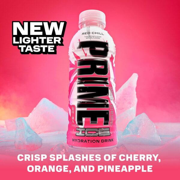 PRIME ICE Hydration RED CHILL, Sports Drinks, Electrolyte Enhanced for Ultimate Hydration, 250mg BCAAs, B Vitamins, Antioxidants, Low Sugar, 16.9 Fl Oz, 12 Pack