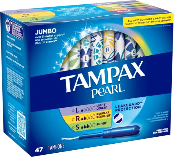 Tampax Pearl Tampons Multipack, Light/Regular/Super Absorbency, With Leakguard Braid, Unscented, 47 Count