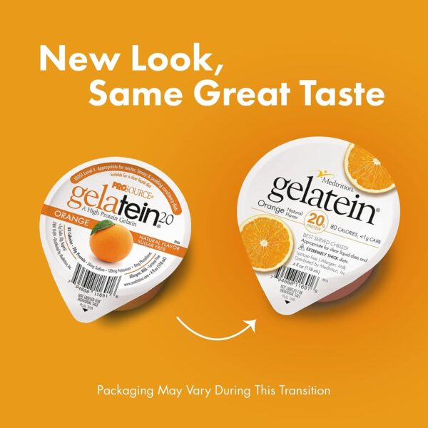 Gelatein Orange: 20 grams of protein. Sugar free. Ideal for clear liquid diets, swallowing difficulties, bariatric, dialysis and oncology. Great pre or post-workout snack. (12 pack)