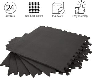 EVA Foam Mat Tiles 24-Pack - 96 SQ FT of Interlocking Padding for Garage, Playroom, or Gym Flooring - Exercise Mat or Baby Playmat by Stalwart (Black)