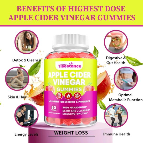 Apple Cider Vinegar Gummies, Keto ACV Gummies 2000MG, Detox Cleanse Gummies for Women and Men, Max Strength Keto Gummies with Green Tea, B12 for Metabolism Support & Digestive Health - 2 Months Supply