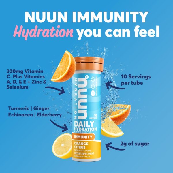 Nuun Hydration Immunity Electrolyte Tablets With 200mg Vitamin C, Orange Citrus, 5 Essential Electrolytes for Hydration, Ginger & Turmeric, Vegan, Non-GMO, 8 Pack (80 Servings)