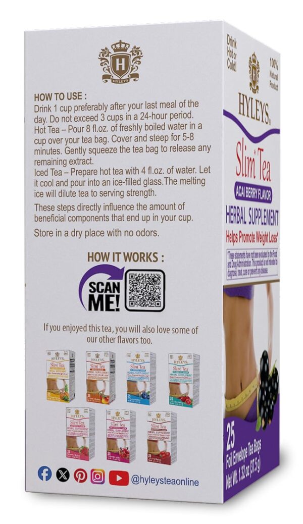 Hyleys Slim Tea Acai Berry Flavor - Weight Loss Herbal Supplement Cleanse and Detox - 25 Tea Bags (1 Pack)