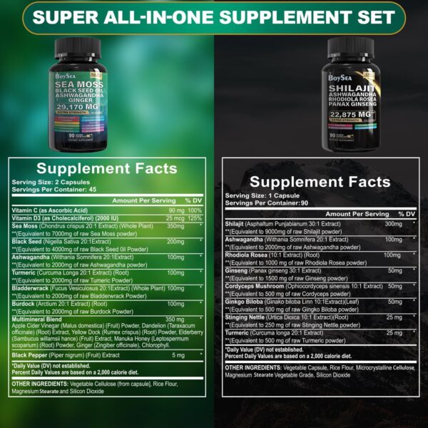 Boysea.Shilajit and Sea Moss Bundle- 90 Count - Sea Moss 7000mg, Black Seed Oil 4000mg, Ashwagandha 2000mg, Ginger & Shilajit 9000mg, Rhodiola Rosea 1000mg, All in 1 Supplements (1 Pack)