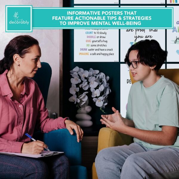 Decorably 18 Mental Health Posters for Classroom, 8x10in Matte-Laminated Inspirational School Psychologist Office Decor