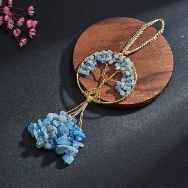 Healing Crystal Ornament Tree of Life Natural Aquamarine Tree of Life Charm Car Rearview Mirror Accessories Hippie Boho Interior Room Wall Ornament Meditation Good Luck Decoration