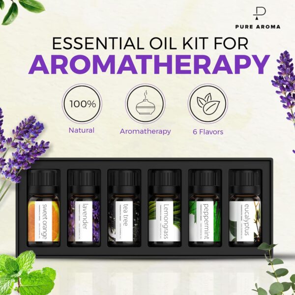 Essential Oils Set Pure Aroma - Top 6 Aromatherapy Oils Gift Set for Diffusers, Home Care, Candel Making Scents, Fragrance -Eucalyptus, Lavender, Lemongrass, Sweet Orange, Peppermint, Tea Tree (10ml)