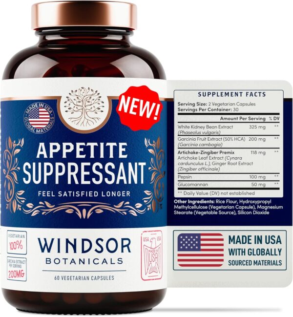 Appetite Suppressant for Weight Loss - Garcinia Cambogia, Glucomannan Appetite Control Supplements and Metabolism Booster for WeightLoss - Lose Weight Fast for Women and Men - 60 Veggie Diet Pills