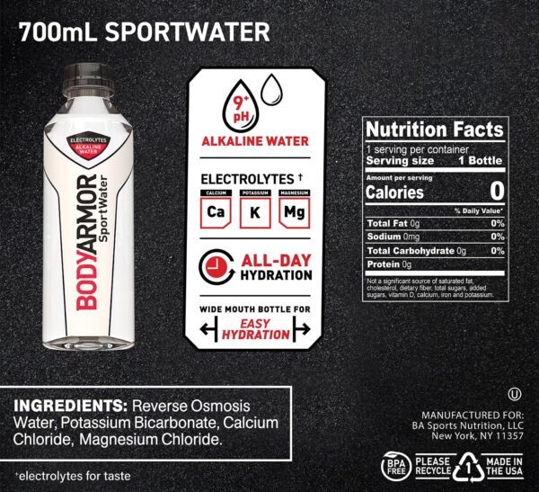 BODYARMOR SportWater Alkaline Water, Superior Hydration, High Alkaline Water pH 9+, Electrolytes, Perfect for your Active Lifestyle, 700mL (Pack of 24)