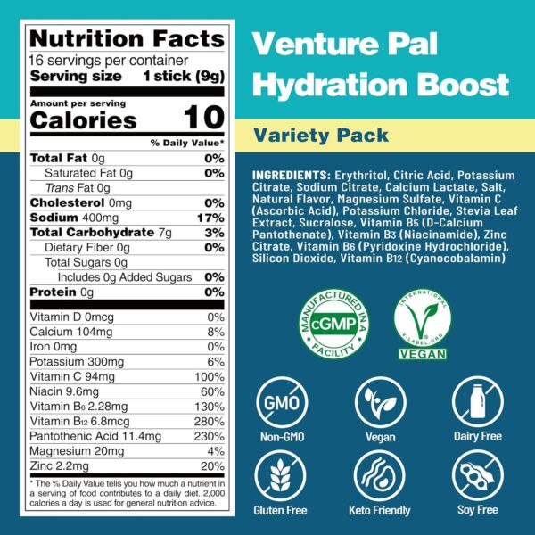 Venture Pal Sugar Free Electrolyte Powder Packets - Liquid Daily IV Hydration Packets | Electrolytes Drink Mix with 5 Vitamins & 7 Electrolytes | Keto Friendly | Non-GMO | Certified Vegan | 16 Sticks