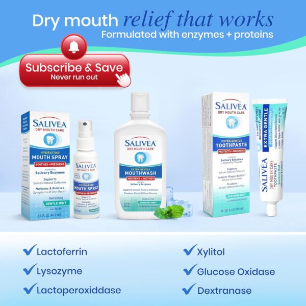 SALIVEA Dry Mouth Mouthwash - Soothing Mint Mouthwash with Natural Salivary Enzymes - Gentle Mouthwash to Aid Dry Mouth Care - Breath Freshener & Dry Mouth Care - Mint Flavor (2 Pack)