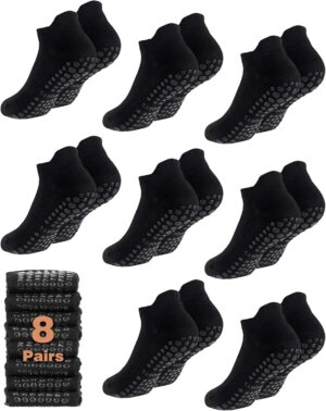 8 Pairs Non Slip Pilates Socks with Grips for Women Bulk Yoga Anti Skid Athletic Socks for Barre Ballet Hospital