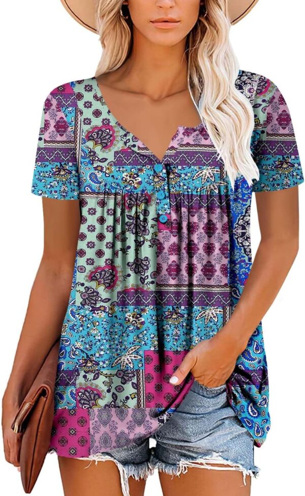 ROSELINLIN Women's Short Sleeve Shirts Floral Summer Tops Loose Fit for Leggings