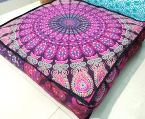 Indian Craft Castle 24" Pink Peacock Mandala Barmeri Large Floor Pillow Cover Cushion Meditation Seating Ottoman Throw Cover Hippie Decorative Zipped Bohemian Pouf Ottoman Pom Pom Cases 24" Square