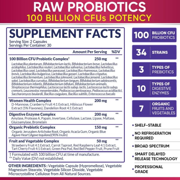 Dr. Formulated Raw Probiotics for Women 100 Billion CFUs Capsules with Prebiotics, Digestive Enzymes, Approved for Adults, Shelf Stable Supplement