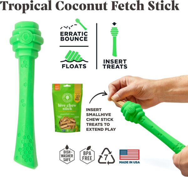 Tropical Coconut Scented - Hive Dog Fetch Stick for Large Breeds - Dog Stick Toy - Floats in Water - Treat Dispenser Toy - Durable and Tough - Made in The USA