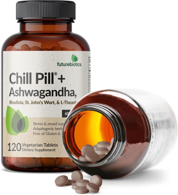 Futurebiotics Chill Pill + Ashwagandha, Rhodiola, St. John’s Wort, & L-Theanine - Non-GMO, 120 Vegetarian Tablets