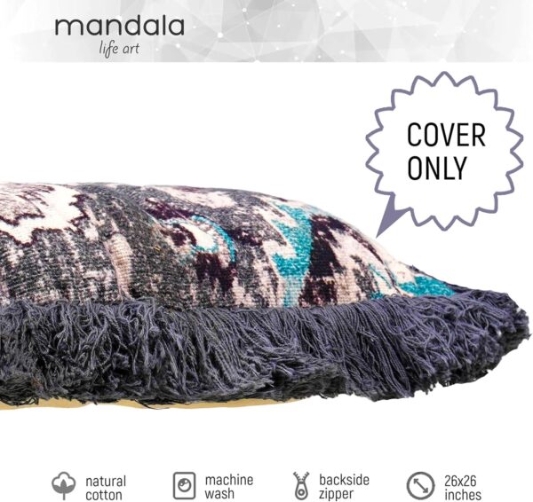 Mandala Life ART Meditation Cushion Cover with Fringe- 26 inches - Cotton - Square Floor Pillow - Moroccan Room Decor - Boho Accent - Bohemian Zafu Pouf