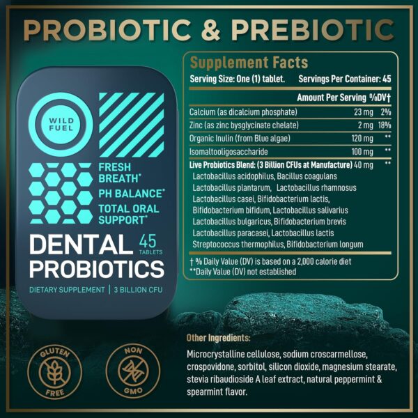 WILD FUEL Dental Probiotic for Teeth and Gums - Lactobacillus Salivarius Probiotic 3bn CFU Fights Bad Breath, Restores Healthy Bacteria - Oral Probiotics - 45 Tablets for Fresh Breath in a Travel Tin