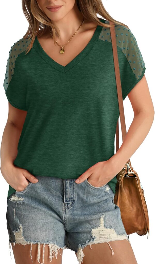 WIHOLL Summer Tops for Women V Neck T-Shirts Swiss Dot Short Sleeve Shirts Casual Fashion Blouses