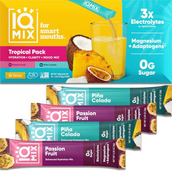 IQMIX Sugar Free Electrolytes Powder Packets - Hydration Supplement Drink Mix with Keto Electrolytes, Lions Mane, Magnesium L-Threonate, and Potassium Citrate - New Tropical Variety Pack (20 Count)