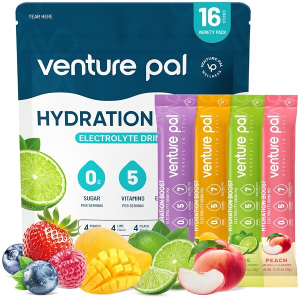 Venture Pal Sugar Free Electrolyte Powder Packets - Liquid Daily IV Hydration Packets | Electrolytes Drink Mix with 5 Vitamins & 7 Electrolytes | Keto Friendly | Non-GMO | Certified Vegan | 16 Sticks